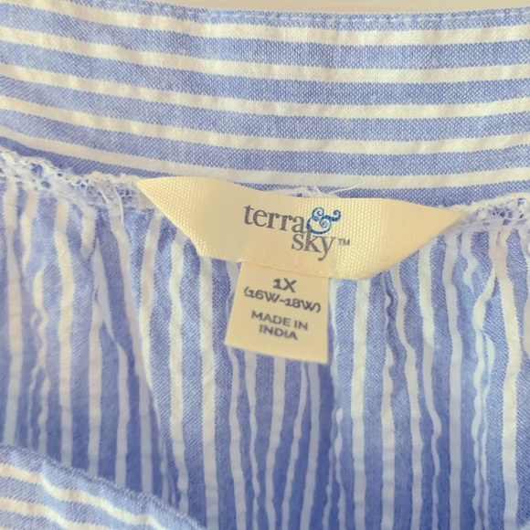 Terra & Sky Top Women 1X Blue White Stripe Blouse Square Neck Long Sleeve Cotton - Picture 3 of 4